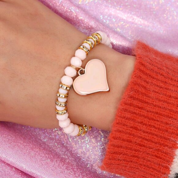 Handmade Beaded Stackable Stretch Bracelet Heart Pendant - Picture 8 of 9